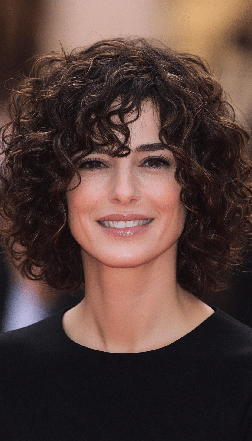20. Curly Bob with Side Bangs in Dark Chestnut (Curly Hairstyles For Women Over 40) - Curly Hairstyles For Women Over 40