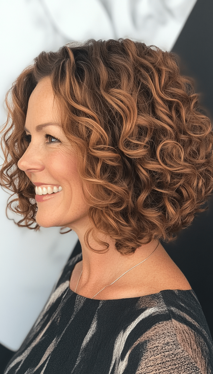 25. Angled Curly Lob in Warm Caramel (Curly Hairstyles For Women Over 40) - Curly Hairstyles For Women Over 40