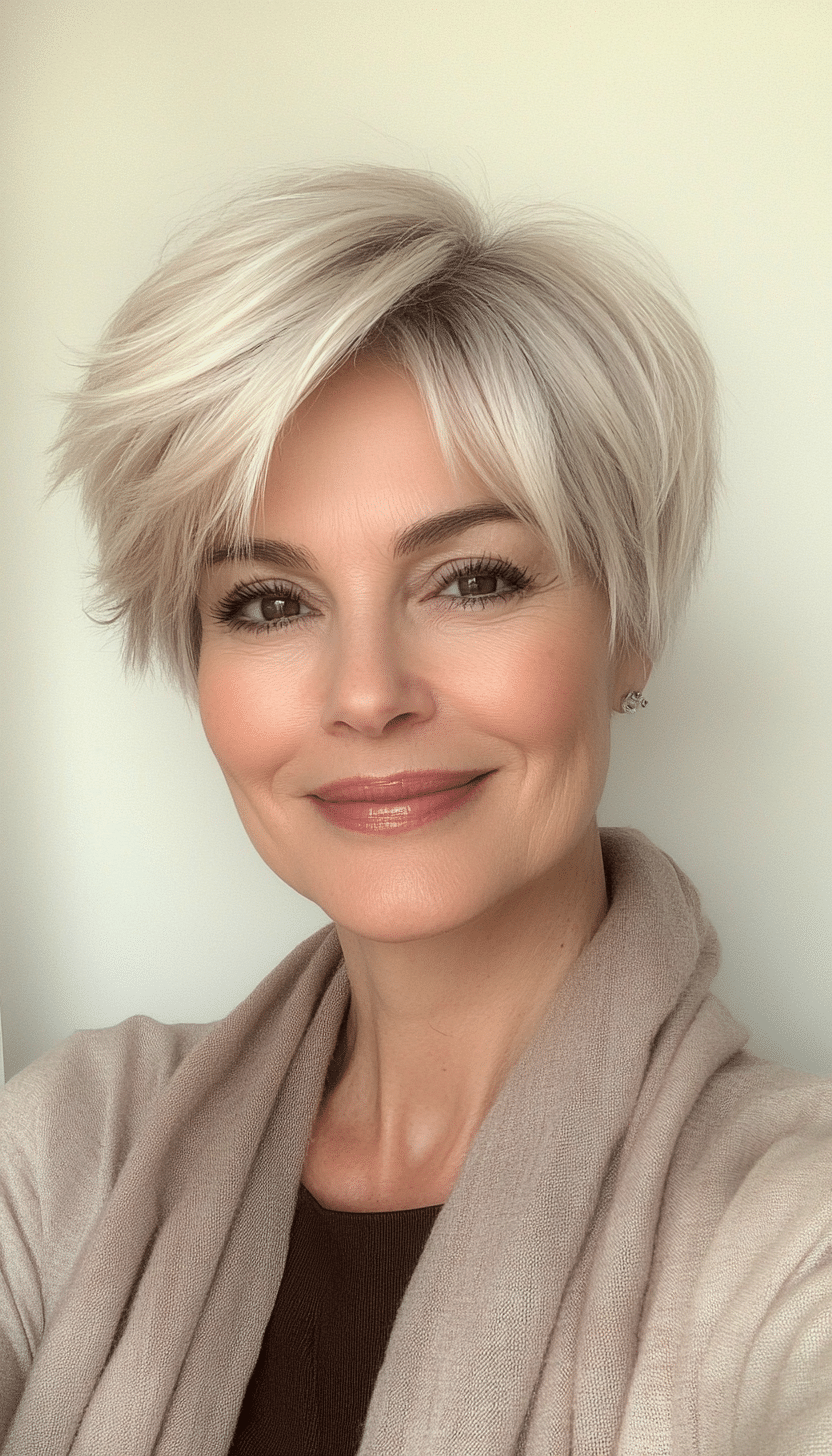 2. Feathered Pixie Cut in Light Ash Blonde (Layered Hairstyles For Older Women) - Layered Hairstyles For Older Women