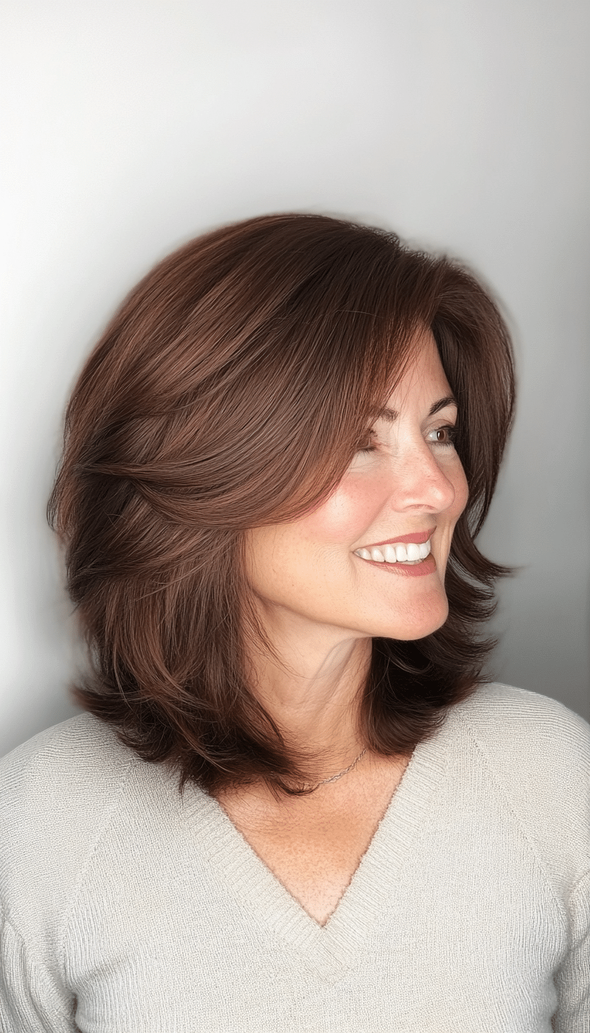 5. Classic Layered Cut in Dark Auburn (Layered Hairstyles For Older Women) - Layered Hairstyles For Older Women