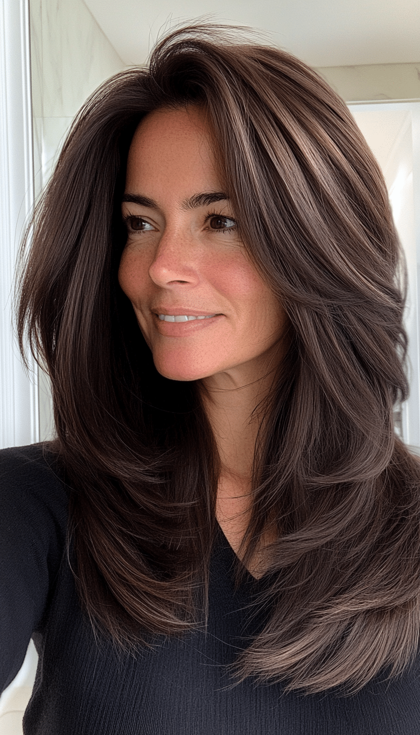 7. Sleek Mid-Length Layers in Espresso Brown (Layered Hairstyles For Older Women) - Layered Hairstyles For Older Women