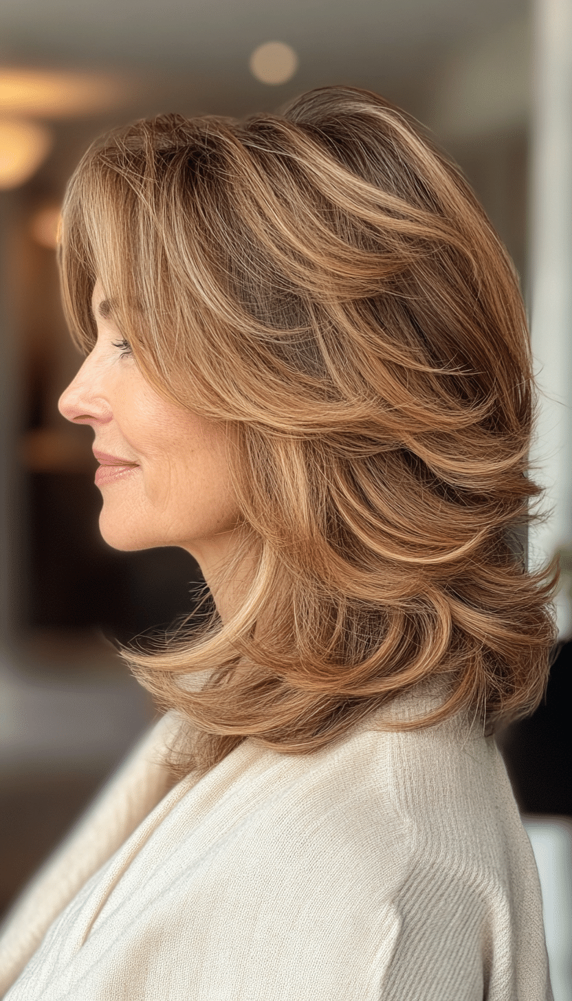 8. Curled-Out Layers in Warm Caramel Brown (Layered Hairstyles For Older Women) - Layered Hairstyles For Older Women