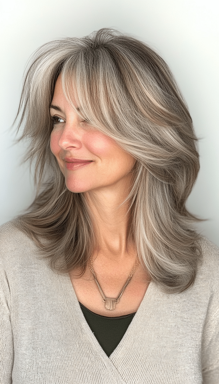 10. Collarbone-Length Flicked Layers in Ash Brown (Layered Hairstyles For Older Women) - Layered Hairstyles For Older Women