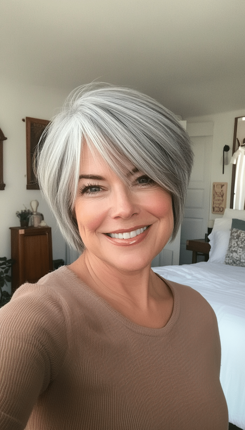 12. Layered Crop with Side Bangs in Natural Grey (Layered Hairstyles For Older Women) - Layered Hairstyles For Older Women