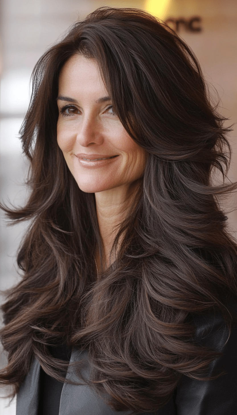 13. Long Cascading Layers in Deep Chocolate Brown (Layered Hairstyles For Older Women) - Layered Hairstyles For Older Women