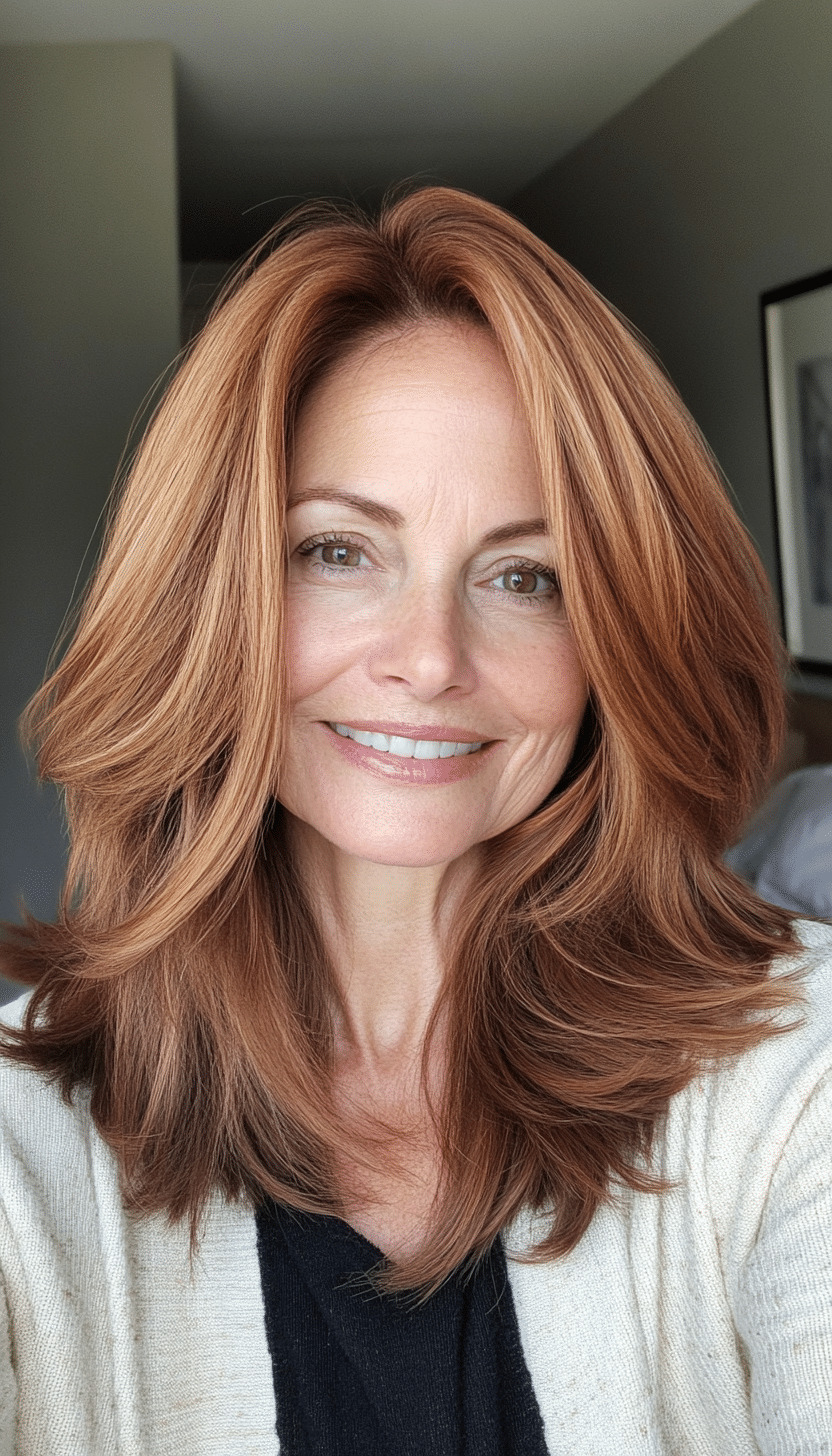 14. Softly Angled Layers in Chestnut Brown with Golden Highlights (Layered Hairstyles For Older Women) - Layered Hairstyles For Older Women