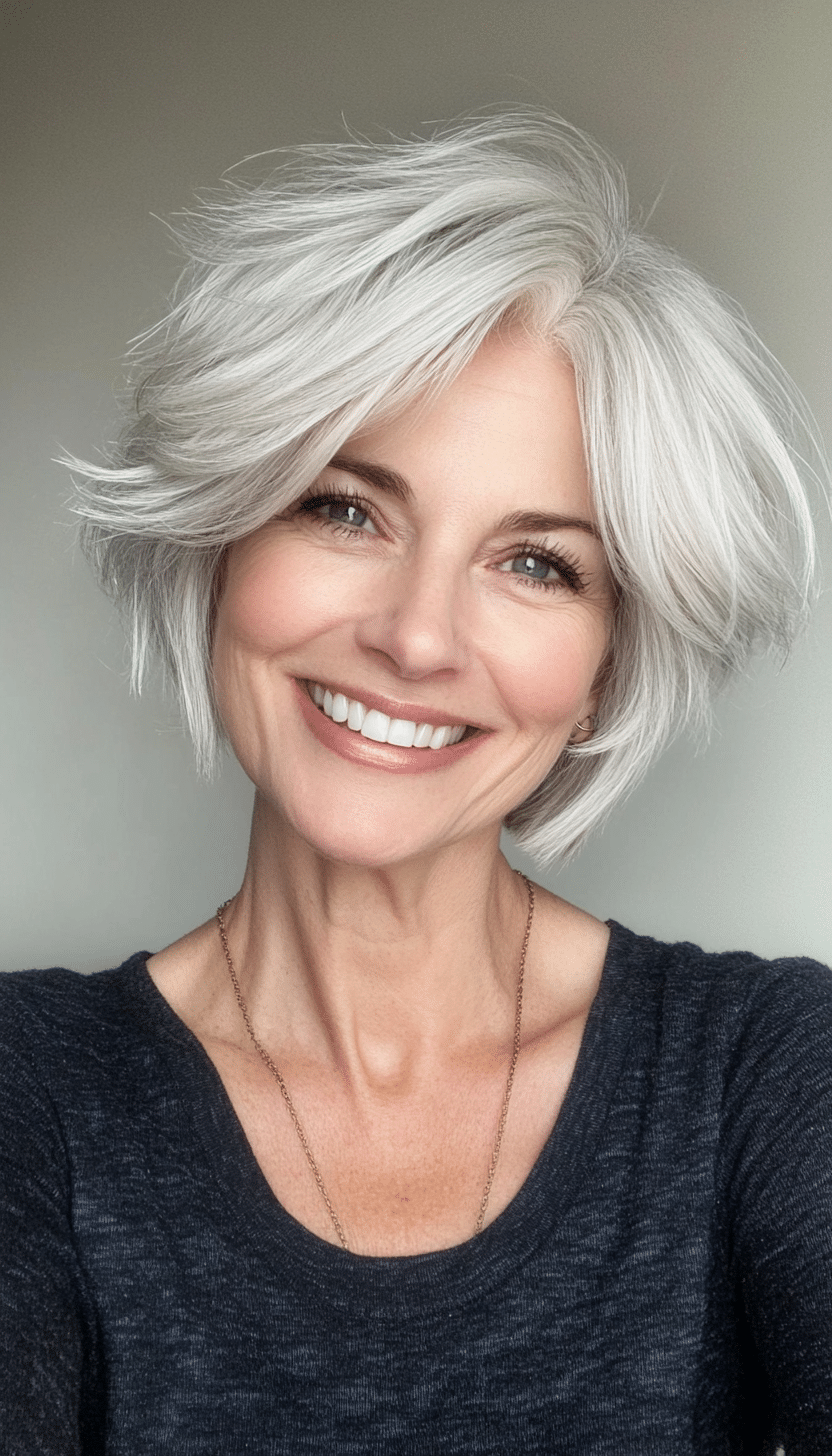 15. Choppy Short Layers in Silver White (Layered Hairstyles For Older Women) - Layered Hairstyles For Older Women
