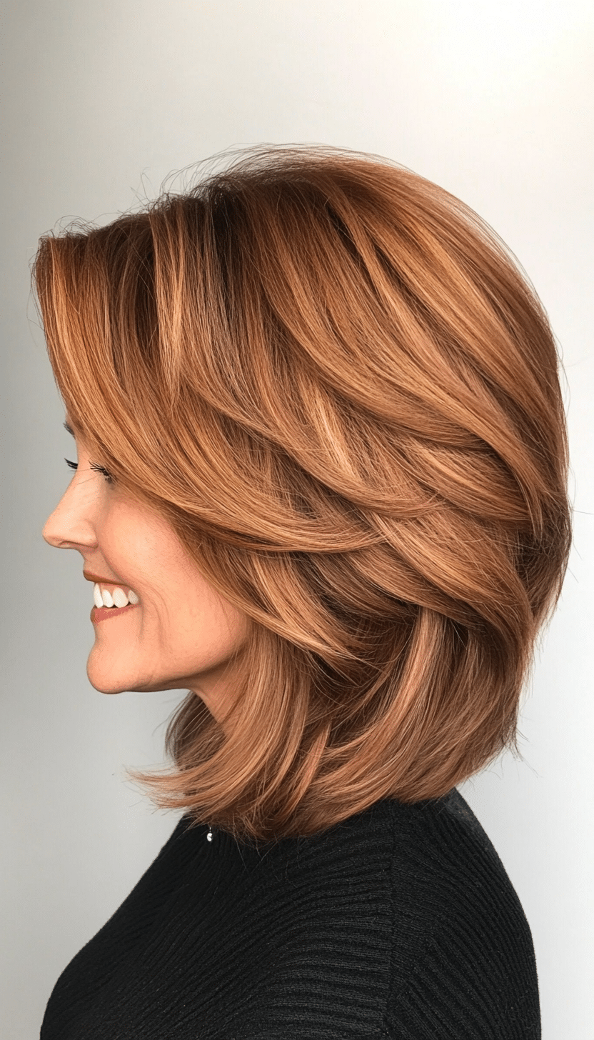 16. Rounded Layered Bob in Warm Cinnamon Brown (Layered Hairstyles For Older Women) - Layered Hairstyles For Older Women