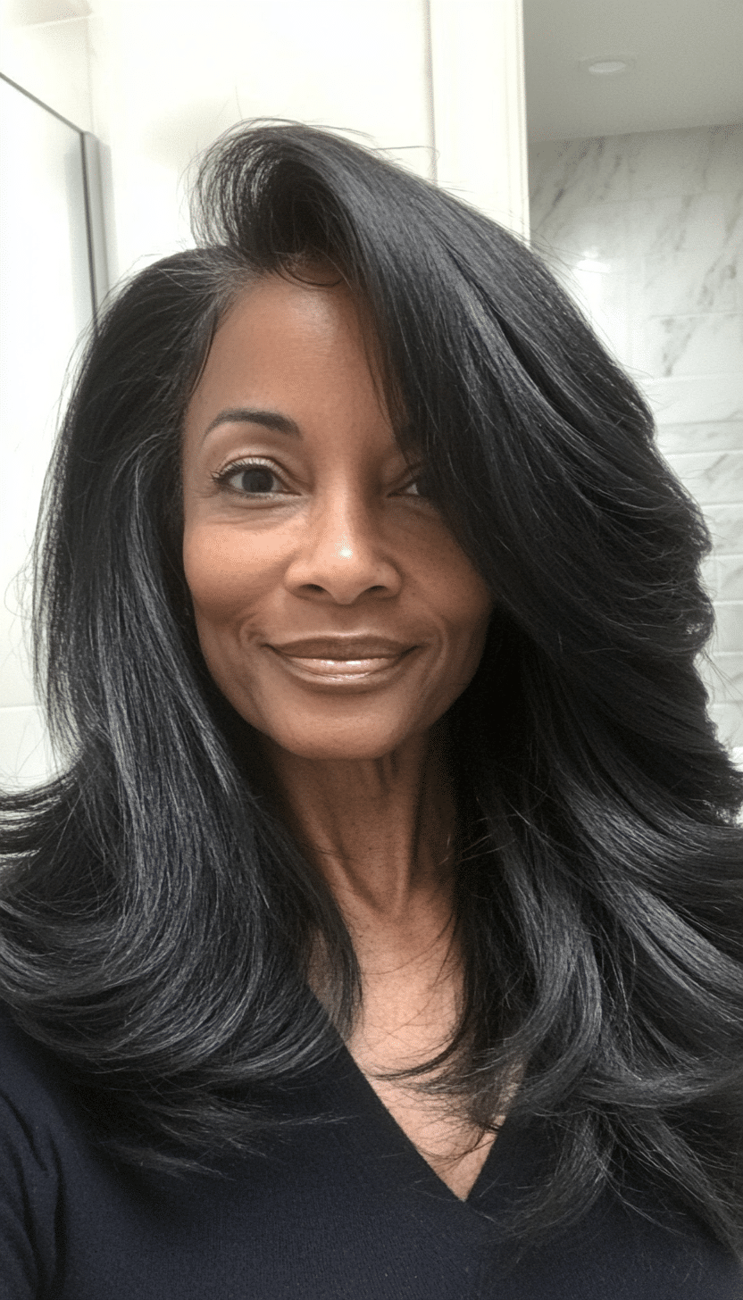 17. Side-Swept Long Layers in Natural Black (Layered Hairstyles For Older Women) - Layered Hairstyles For Older Women