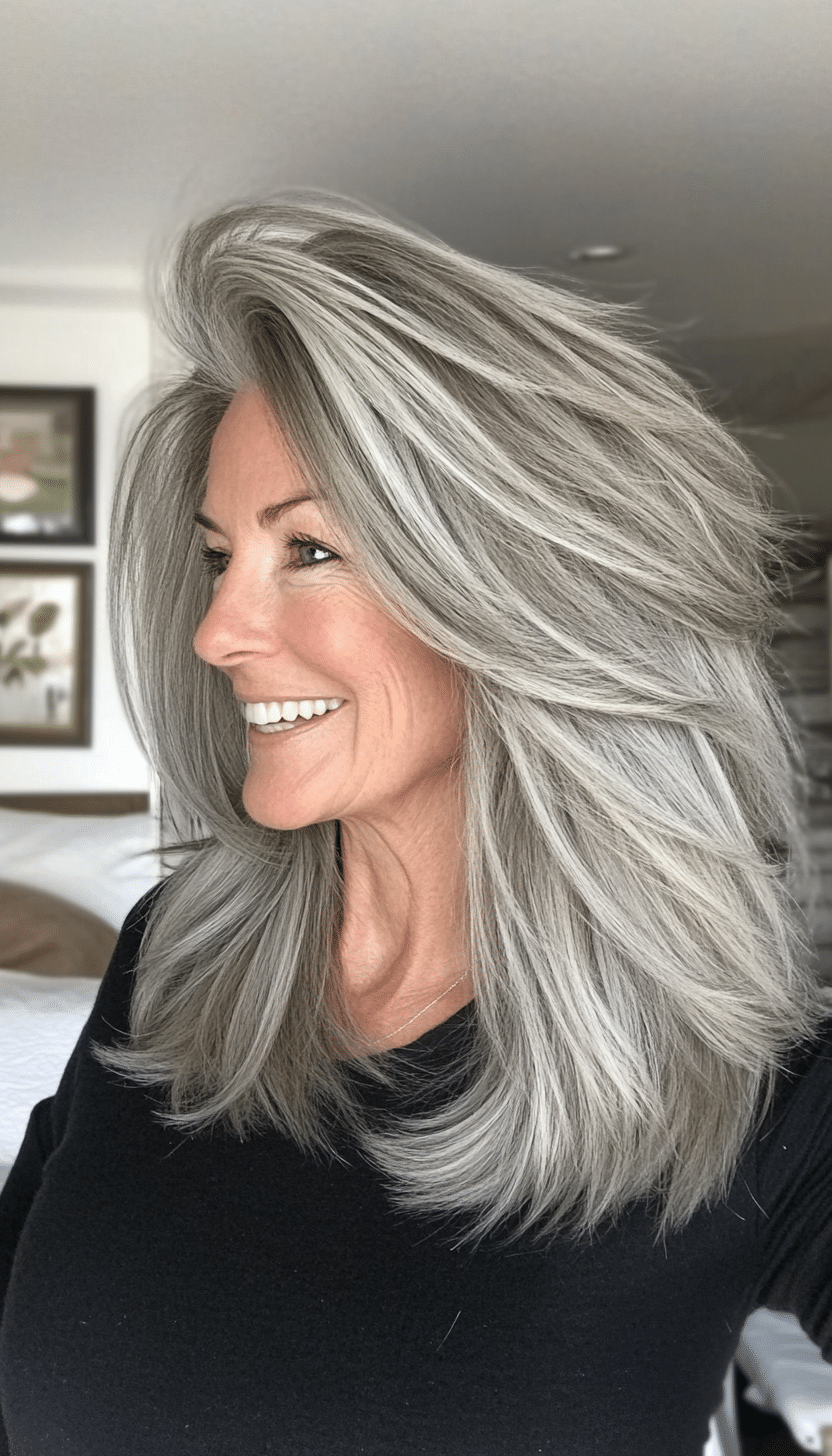 19. Voluminous Mid-Length Layers in Salt and Pepper Grey (Layered Hairstyles For Older Women) - Layered Hairstyles For Older Women