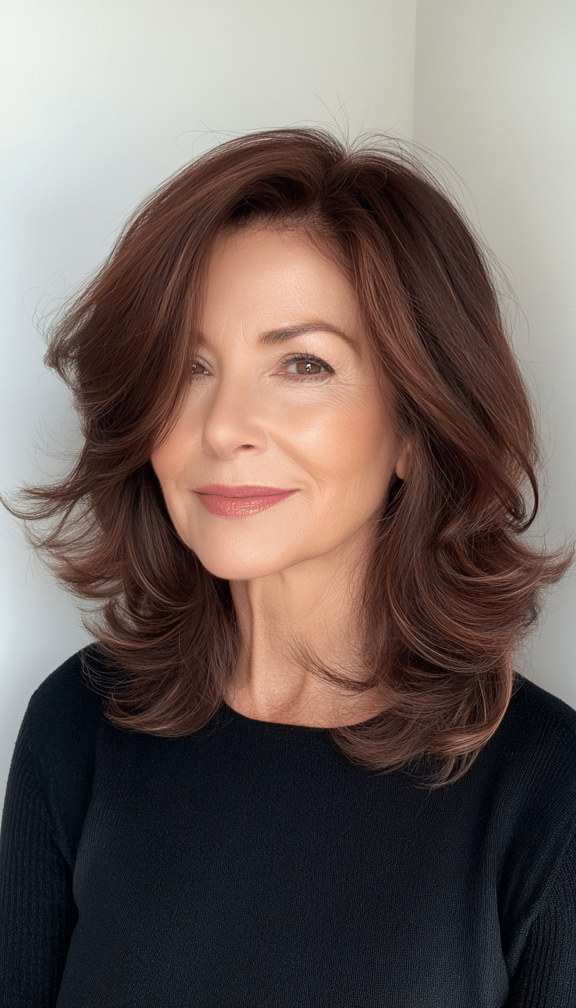 21. Classic Shoulder-Length Layers in Warm Mahogany Brown (Layered Hairstyles For Older Women) - Layered Hairstyles For Older Women