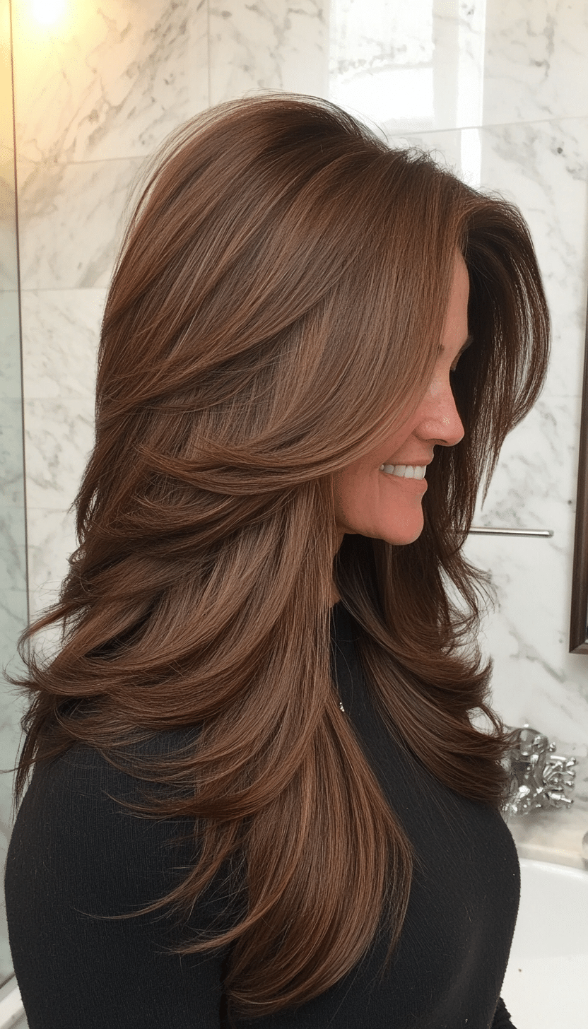 23. Long Feathered Layers in Rich Espresso Brown (Layered Hairstyles For Older Women) - Layered Hairstyles For Older Women