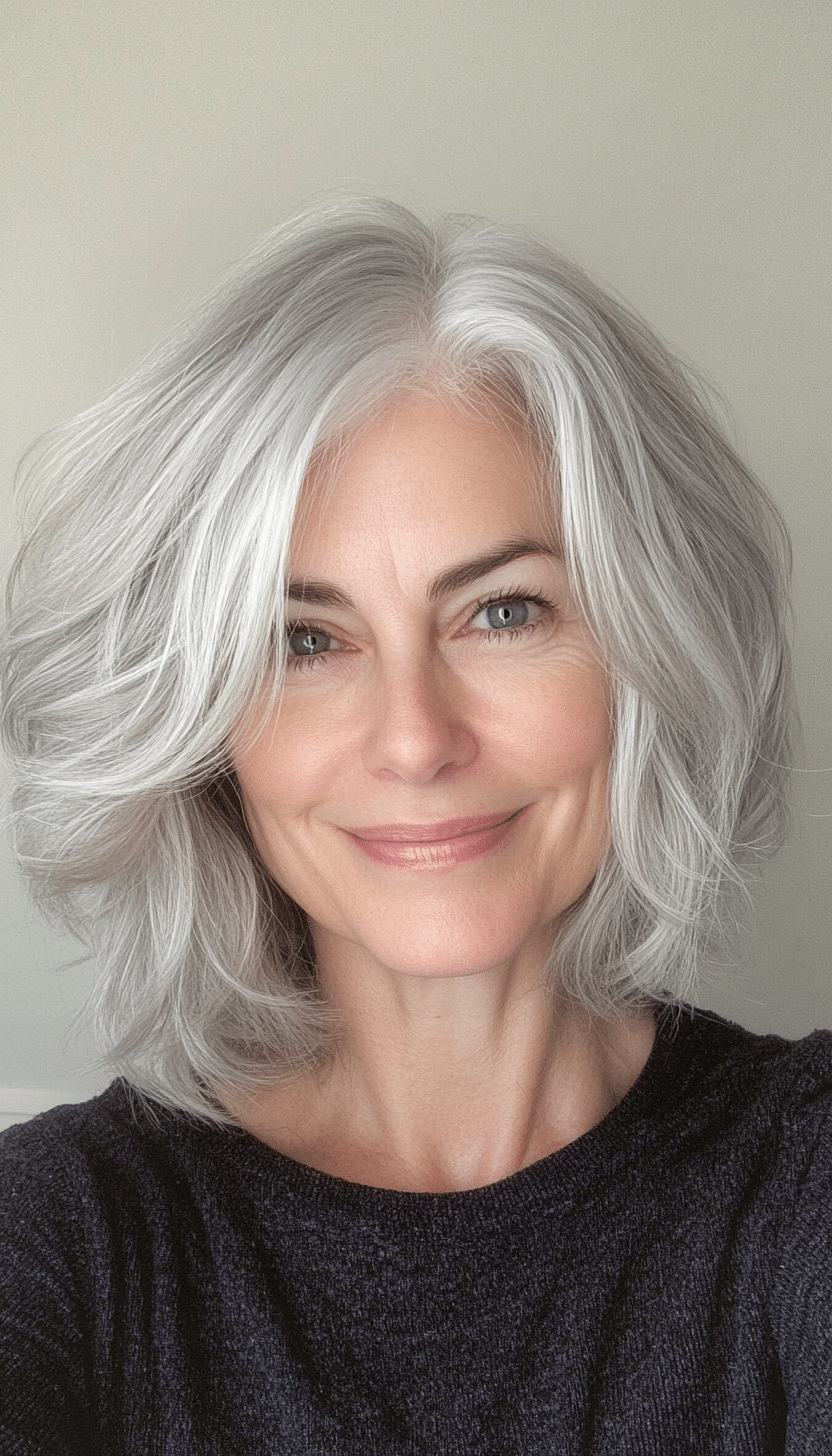 24. Playful Shaggy Bob in Silver Blonde (Layered Hairstyles For Older Women) - Layered Hairstyles For Older Women