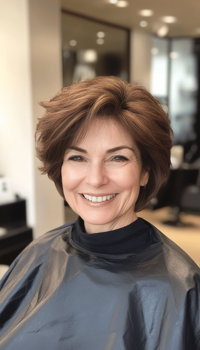 10. Voluminous Short Cut in Warm Brunette (Hairstyles For Women Over 70) - Hairstyles For Women Over 70