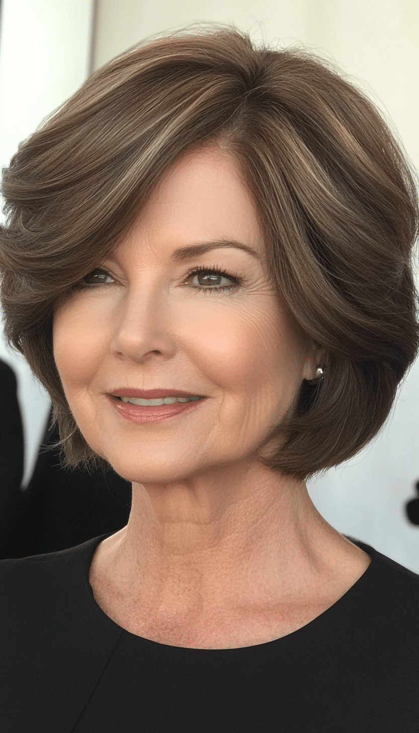 13. Elegant Layered Bob in Ash Brown (Hairstyles For Women Over 70) - Hairstyles For Women Over 70