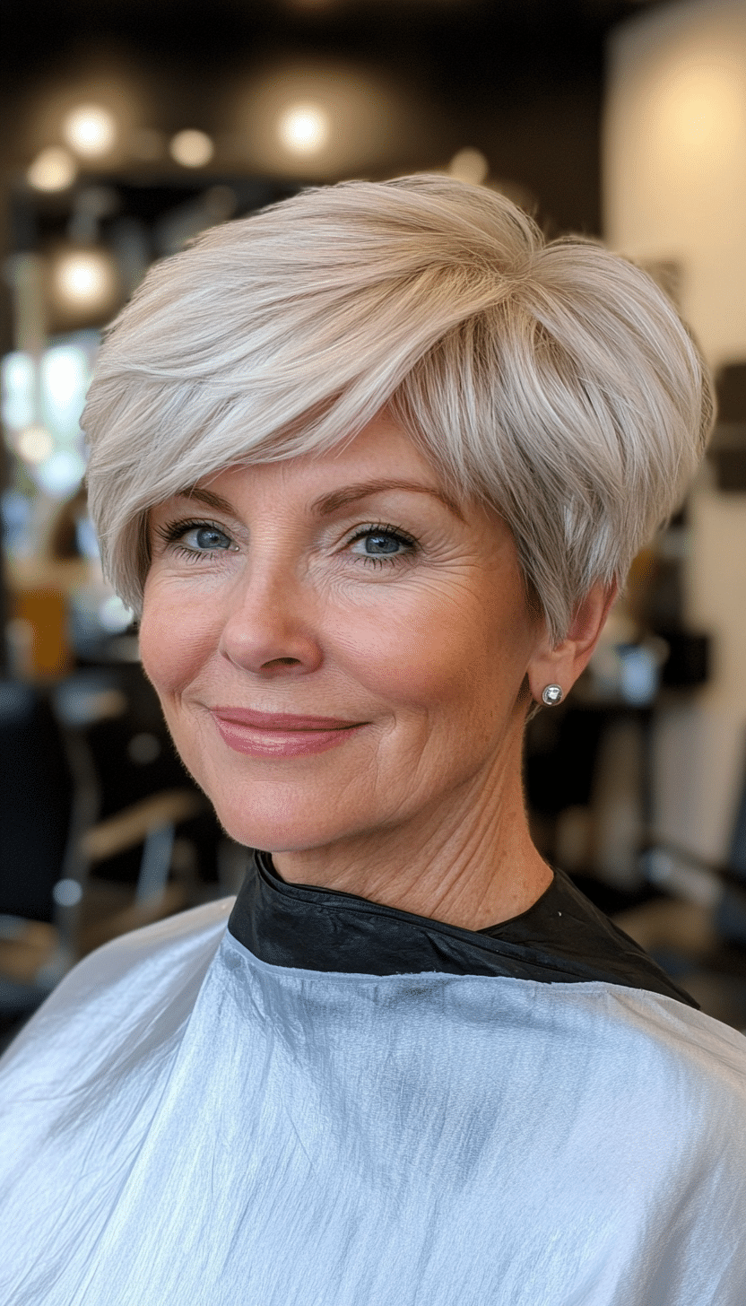 16. Pixie with Side Bangs in Silver Blonde (Hairstyles For Women Over 70) - Hairstyles For Women Over 70