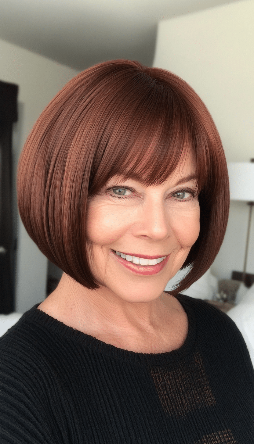 19. Rounded Bob with Bangs in Dark Auburn (Hairstyles For Women Over 70) - Hairstyles For Women Over 70
