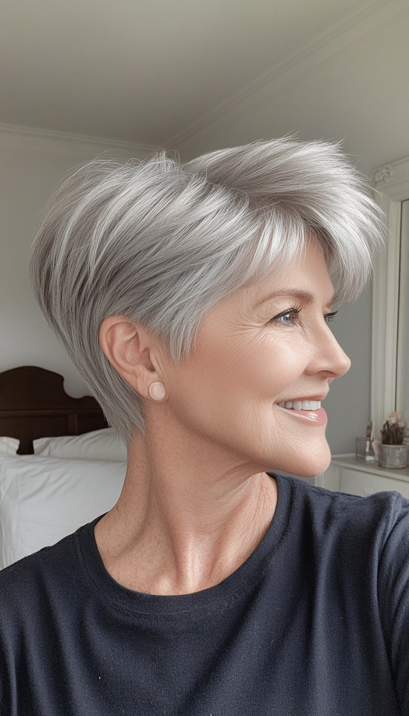25. Feathered Pixie in Platinum Gray (Hairstyles For Women Over 70) - Hairstyles For Women Over 70