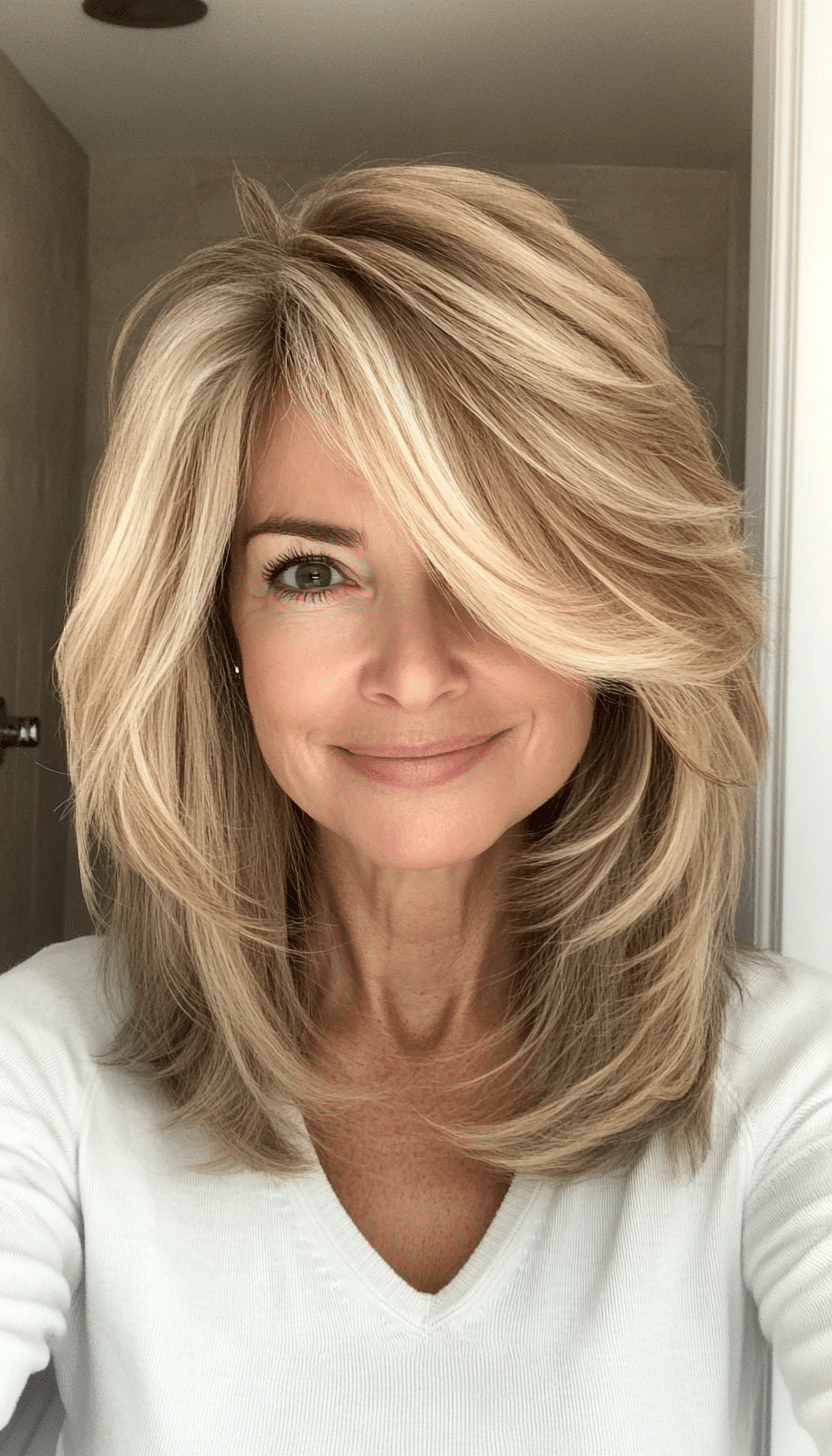 2. Feathered Blonde Shag with Side Bangs (Shag Hairstyles For Women Over 50) - Shag Hairstyles For Women Over 50