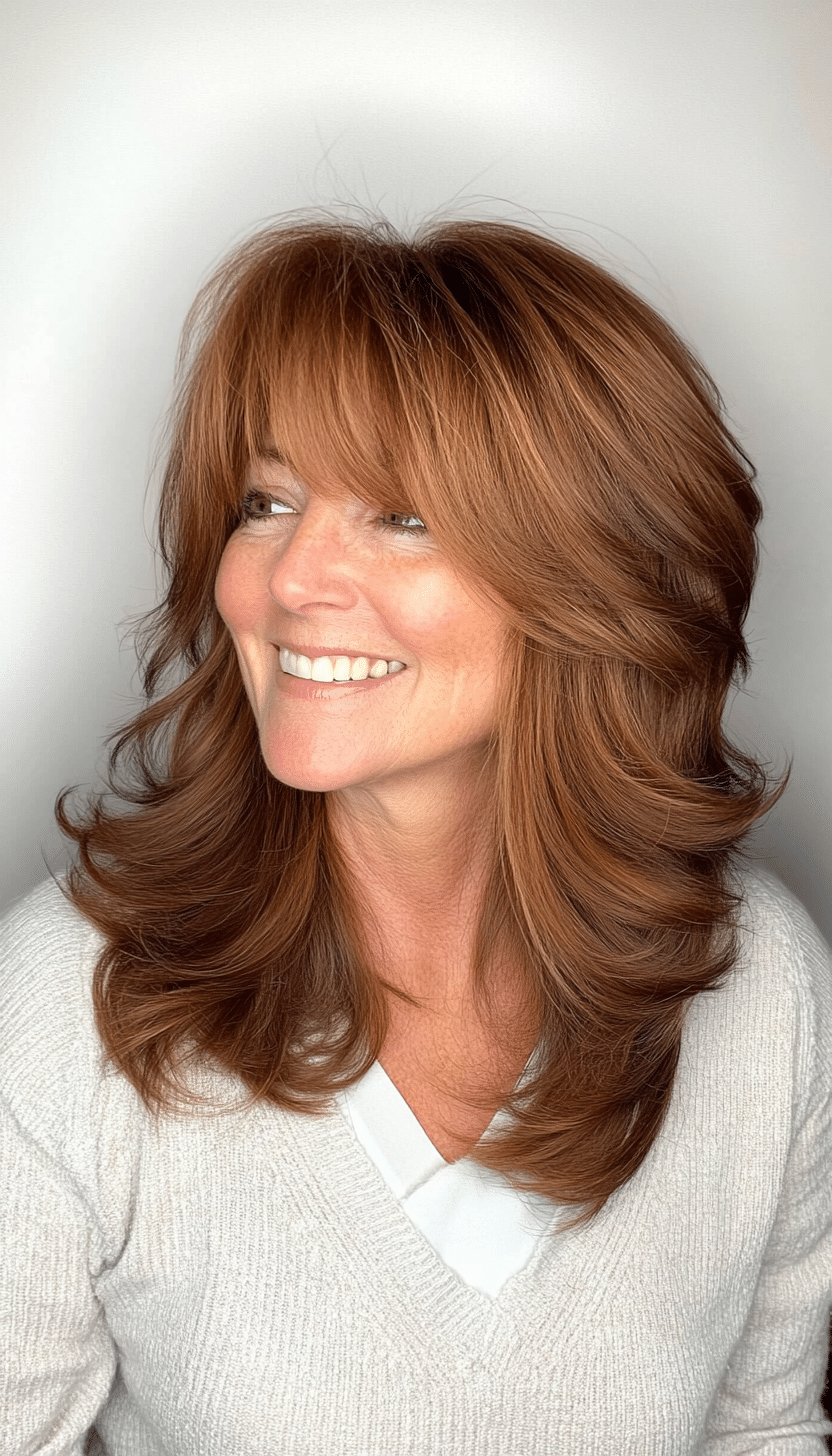 3. Wispy Chestnut Brown Shag with Curtain Bangs (Shag Hairstyles For Women Over 50) - Shag Hairstyles For Women Over 50