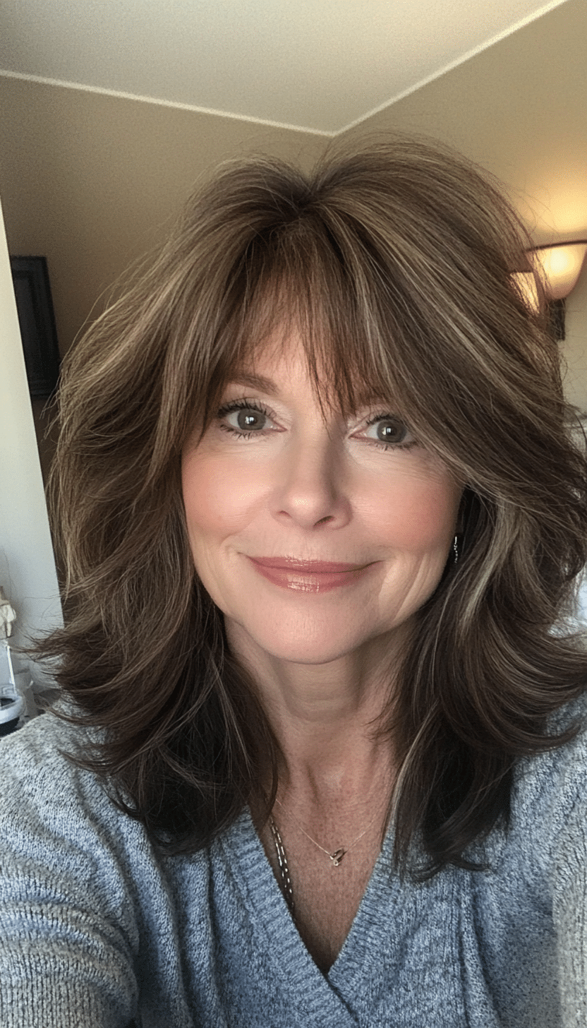 5. Layered Ash Brown Shag with Face-Framing Pieces (Shag Hairstyles For Women Over 50) - Shag Hairstyles For Women Over 50