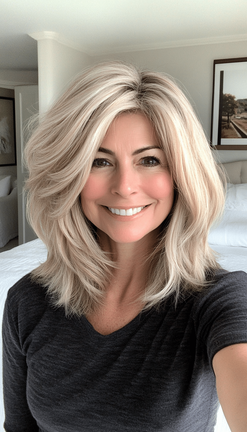 8. Shoulder-Length Sandy Blonde Shag with Tapered Layers (Shag Hairstyles For Women Over 50) - Shag Hairstyles For Women Over 50
