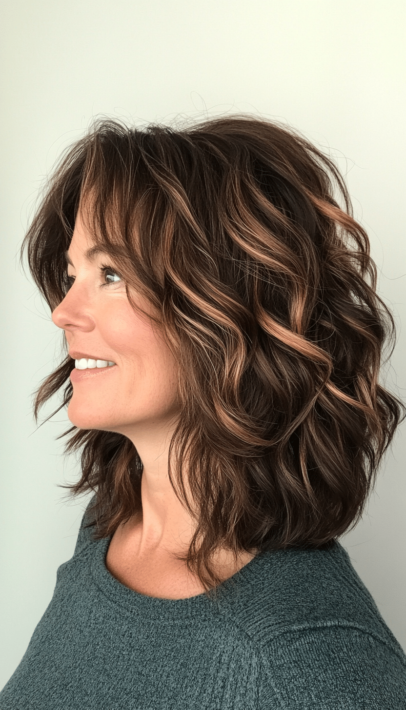 9. Messy Shag with Caramel Highlights on Dark Brown Hair (Shag Hairstyles For Women Over 50) - Shag Hairstyles For Women Over 50