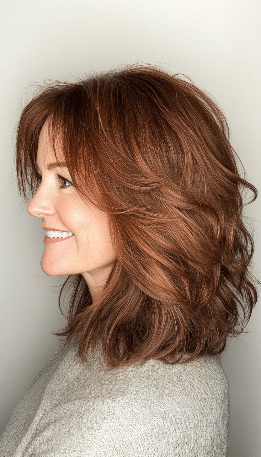 11. Medium-Length Cinnamon Shag with Razor-Cut Layers (Shag Hairstyles For Women Over 50) - Shag Hairstyles For Women Over 50