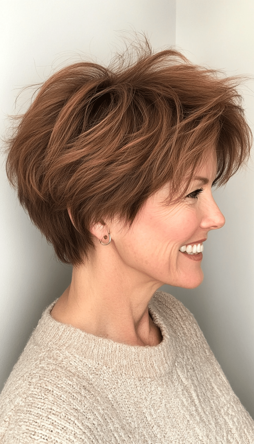 12. Pixie Shag in Warm Chestnut Brown (Shag Hairstyles For Women Over 50) - Shag Hairstyles For Women Over 50