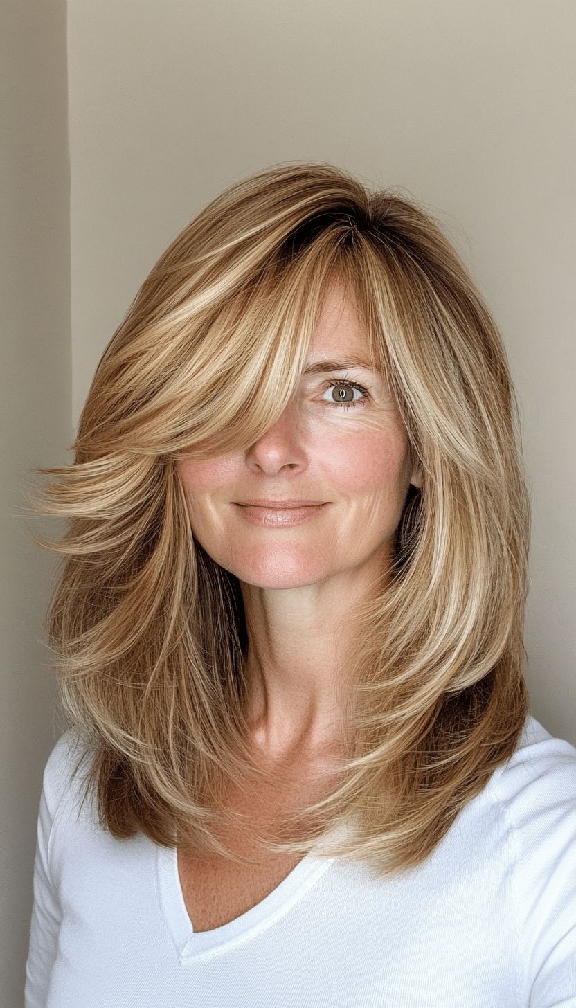 13. Tapered Honey Blonde Shag with Side-Swept Bangs (Shag Hairstyles For Women Over 50) - Shag Hairstyles For Women Over 50