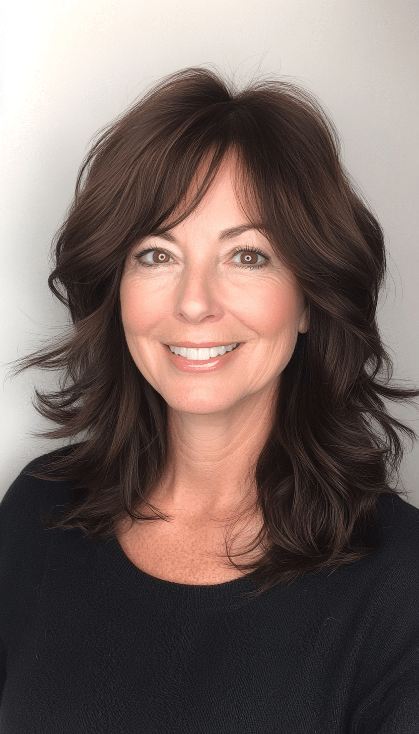14. Collarbone-Length Dark Chocolate Shag with Flicked-Out Ends (Shag Hairstyles For Women Over 50) - Shag Hairstyles For Women Over 50