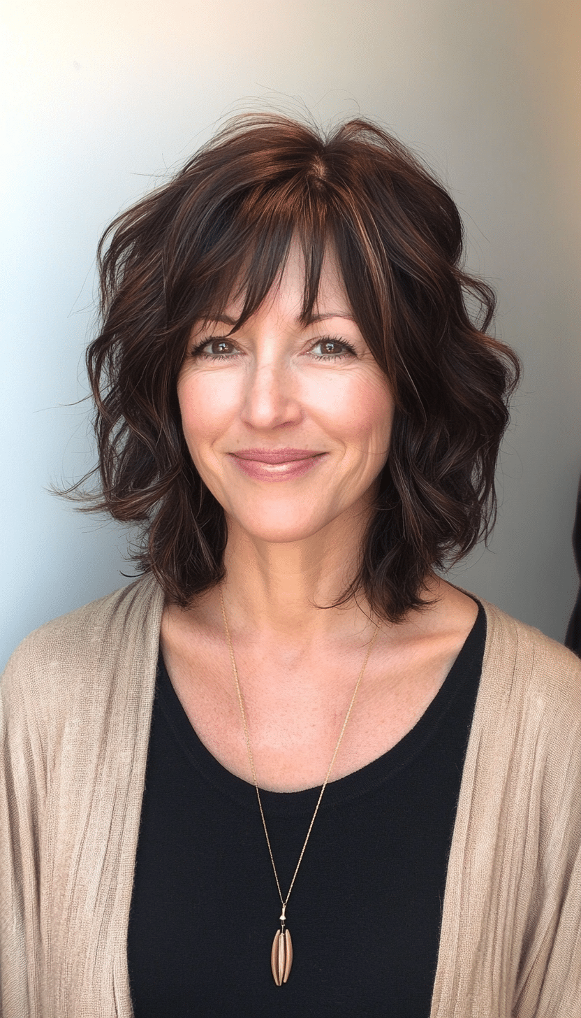 16. Chin-Length Mocha Brown Shag with Wispy Bangs (Shag Hairstyles For Women Over 50) - Shag Hairstyles For Women Over 50