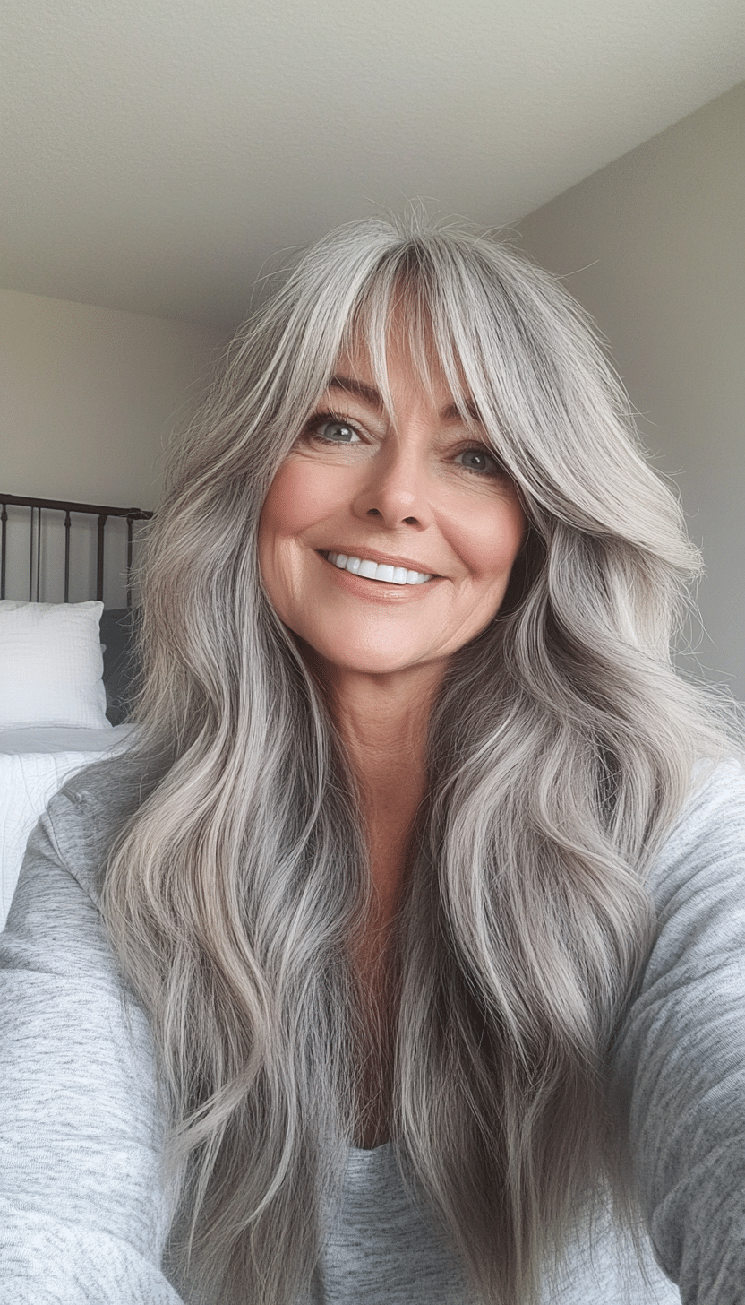 17. Long Salt-and-Pepper Shag with Soft Waves (Shag Hairstyles For Women Over 50) - Shag Hairstyles For Women Over 50