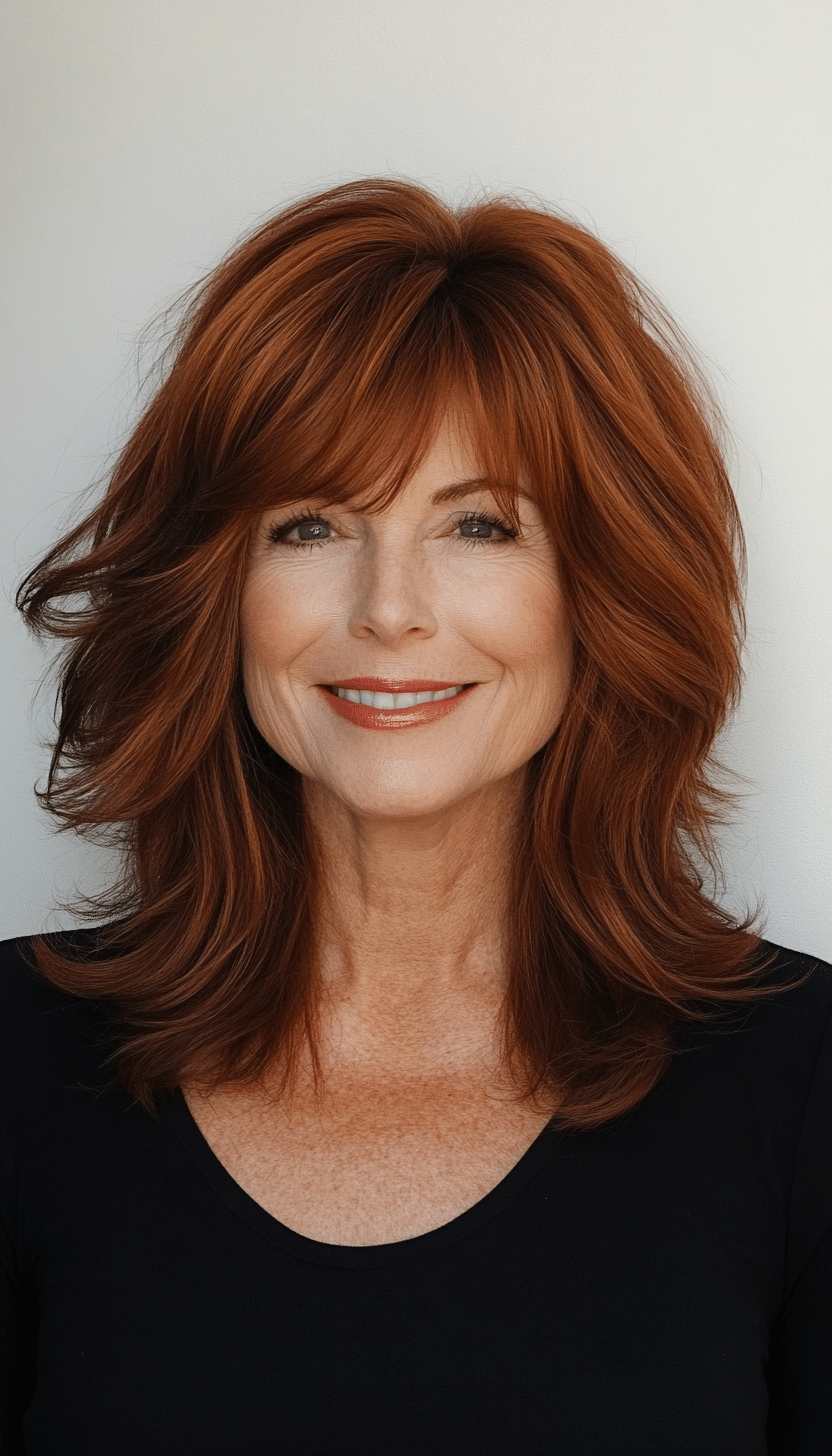 19. Layered Copper Brown Shag with Sweeping Bangs (Shag Hairstyles For Women Over 50) - Shag Hairstyles For Women Over 50