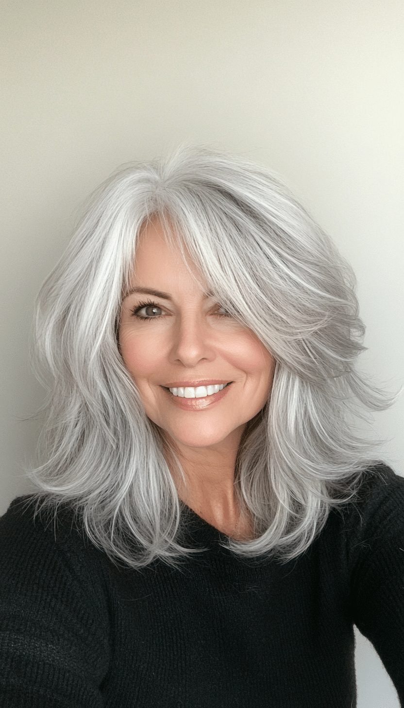 20. Voluminous Silver-White Shag with Textured Ends (Shag Hairstyles For Women Over 50) - Shag Hairstyles For Women Over 50