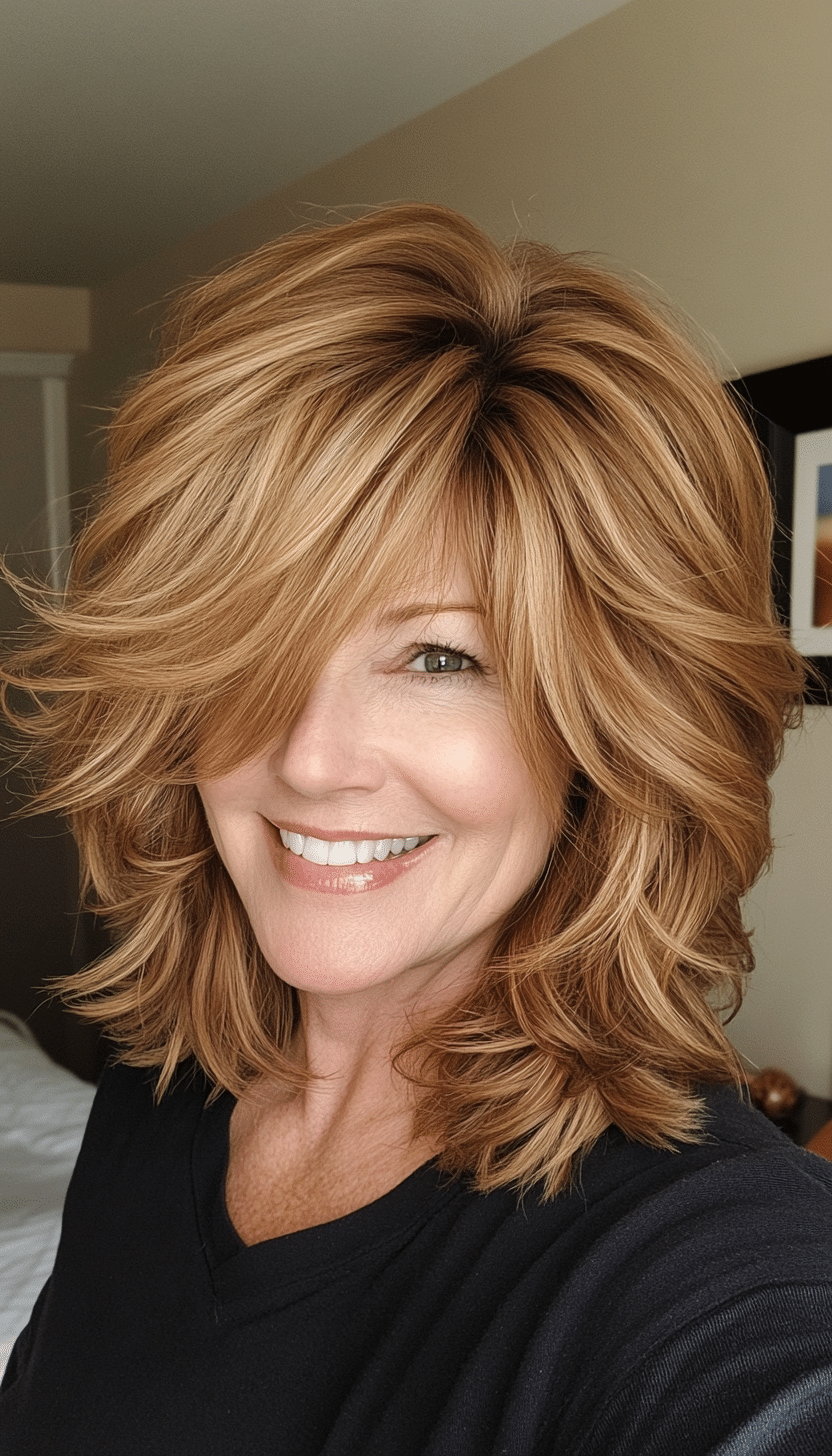 21. Shaggy Lob in Golden Brown with Face-Framing Layers (Shag Hairstyles For Women Over 50) - Shag Hairstyles For Women Over 50