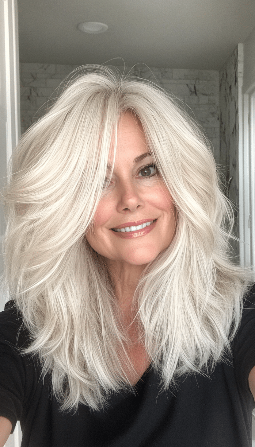 24. Textured Platinum Blonde Shag with Wispy Layers (Shag Hairstyles For Women Over 50) - Shag Hairstyles For Women Over 50