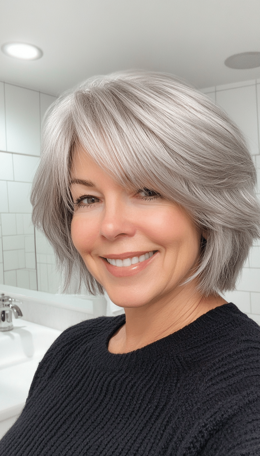 25. Classic Short Silver Shag with Layered Bangs (Shag Hairstyles For Women Over 50) - Shag Hairstyles For Women Over 50
