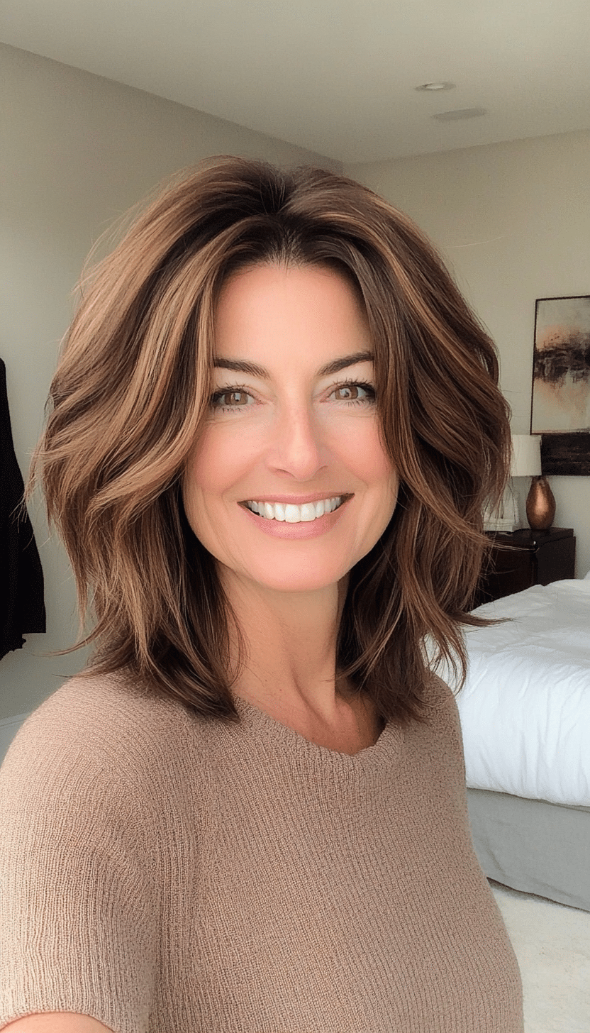 26. Sunkissed Medium Shag in Warm Brown (Shag Hairstyles For Women Over 50) - Shag Hairstyles For Women Over 50