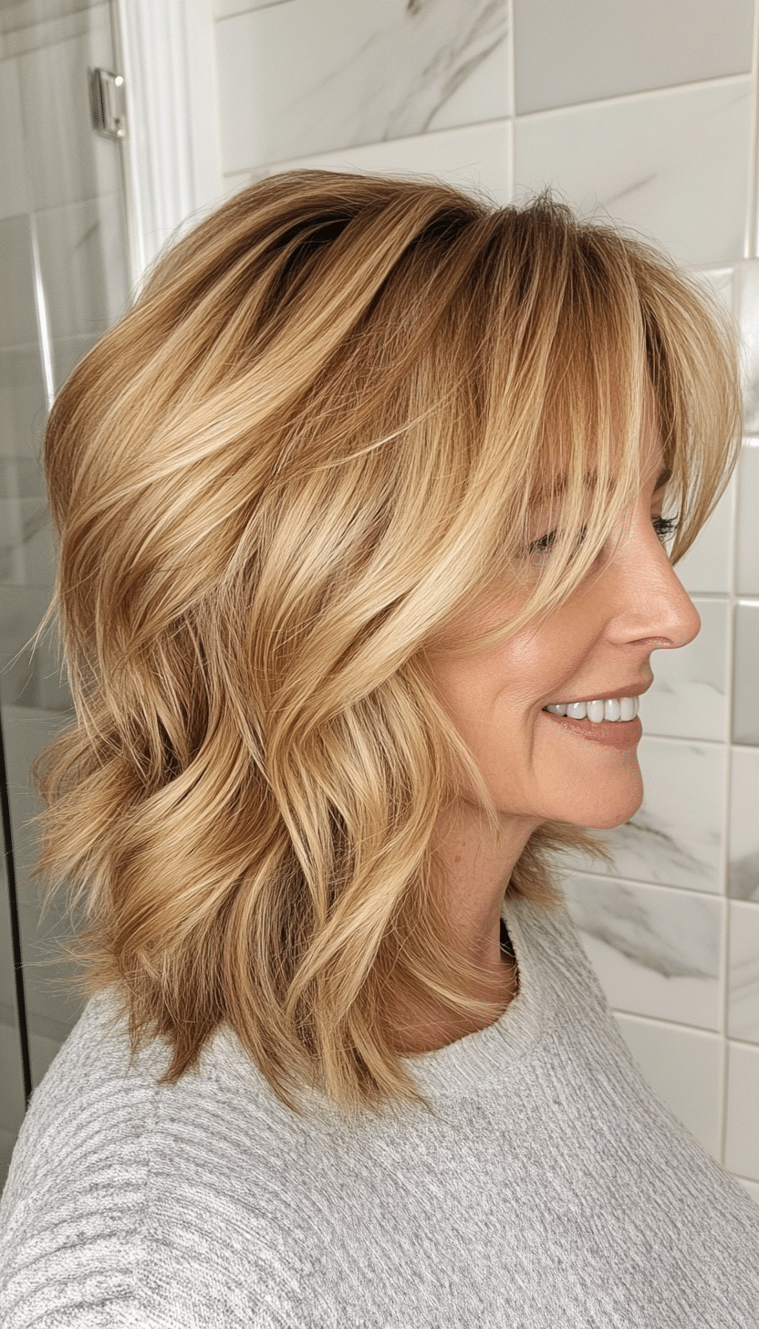 27. Choppy Layered Golden Blonde Shag with Side Bangs (Shag Hairstyles For Women Over 50) - Shag Hairstyles For Women Over 50