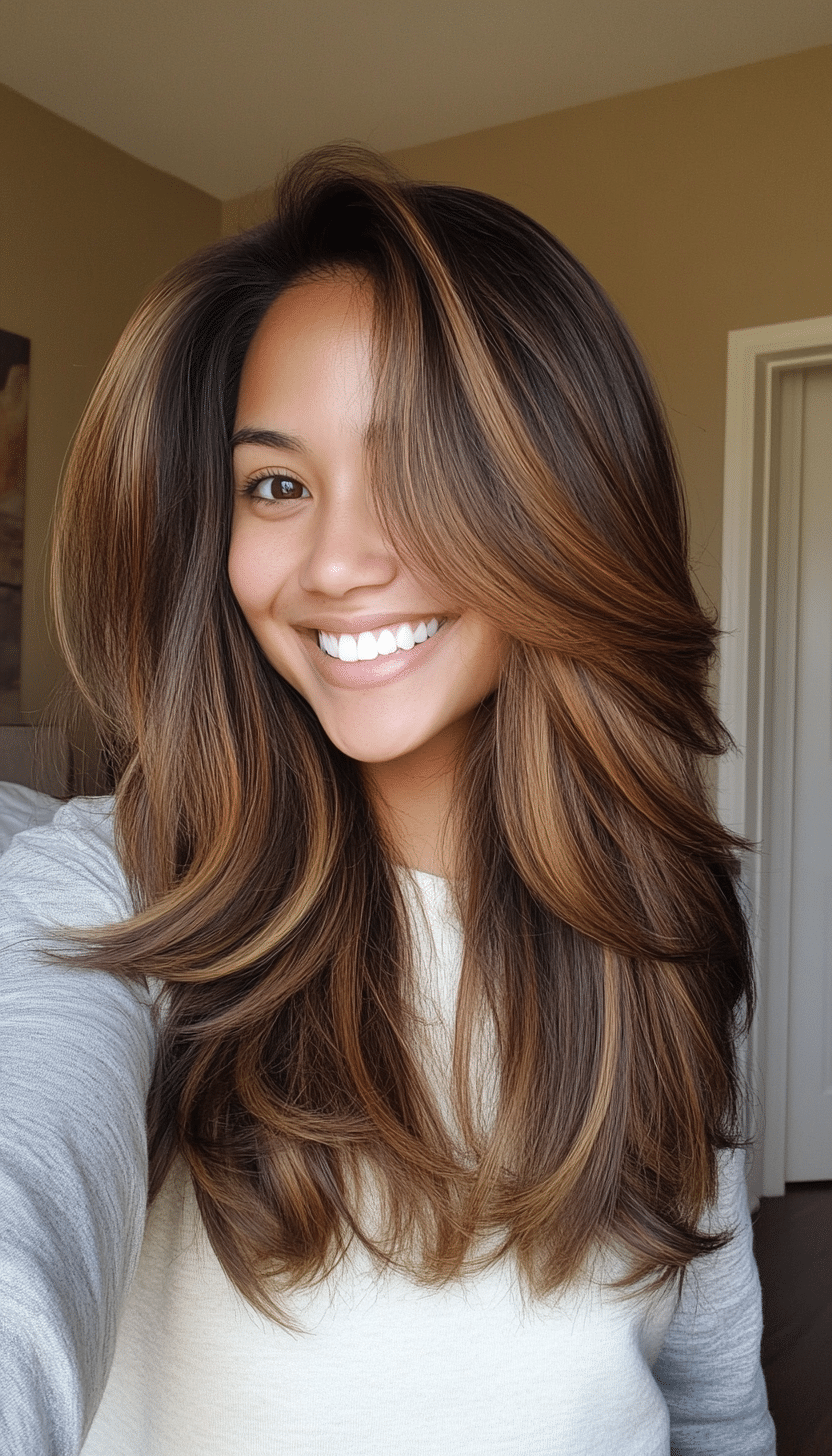 7. Blended Layers with Soft Caramel Brunette (Medium Layered Haircuts) - Medium Layered Haircuts