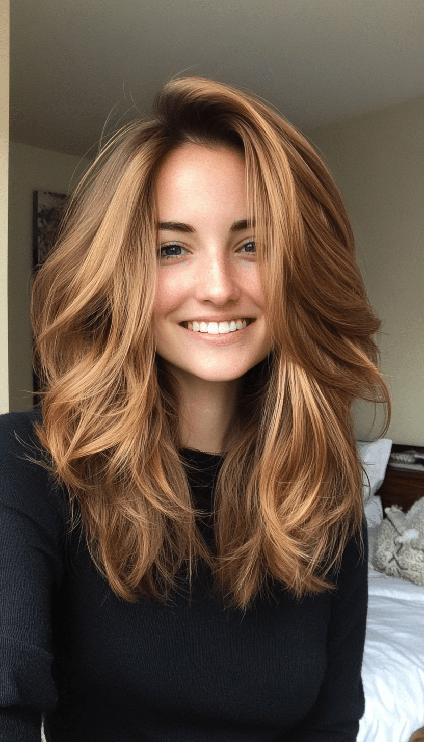 8. Shag-Inspired Layers with Golden Brown (Medium Layered Haircuts) - Medium Layered Haircuts