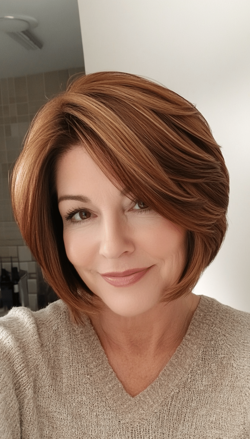 2. Classic Feathered Bob in Warm Chestnut (Short Feathered Haircuts For Older Woman) - Short Feathered Haircuts For Older Woman