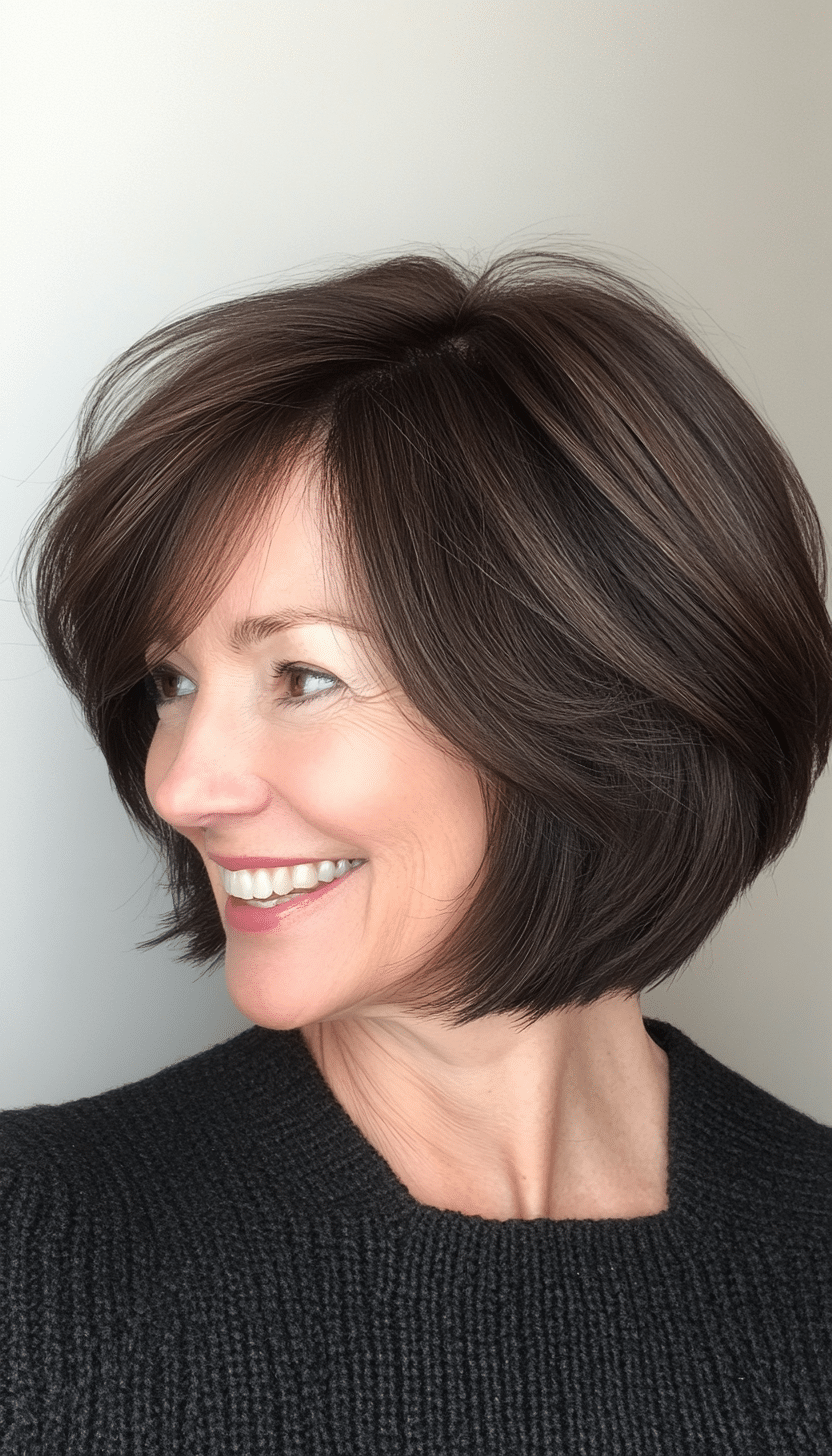 5. Chin-Length Feathered Bob in Dark Brunette (Short Feathered Haircuts For Older Woman) - Short Feathered Haircuts For Older Woman