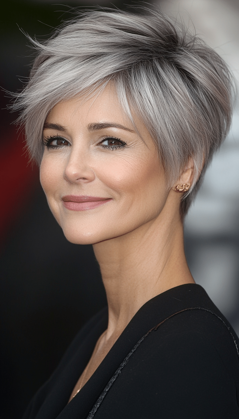 7. Side-Swept Pixie in Salt and Pepper (Short Feathered Haircuts For Older Woman) - Short Feathered Haircuts For Older Woman