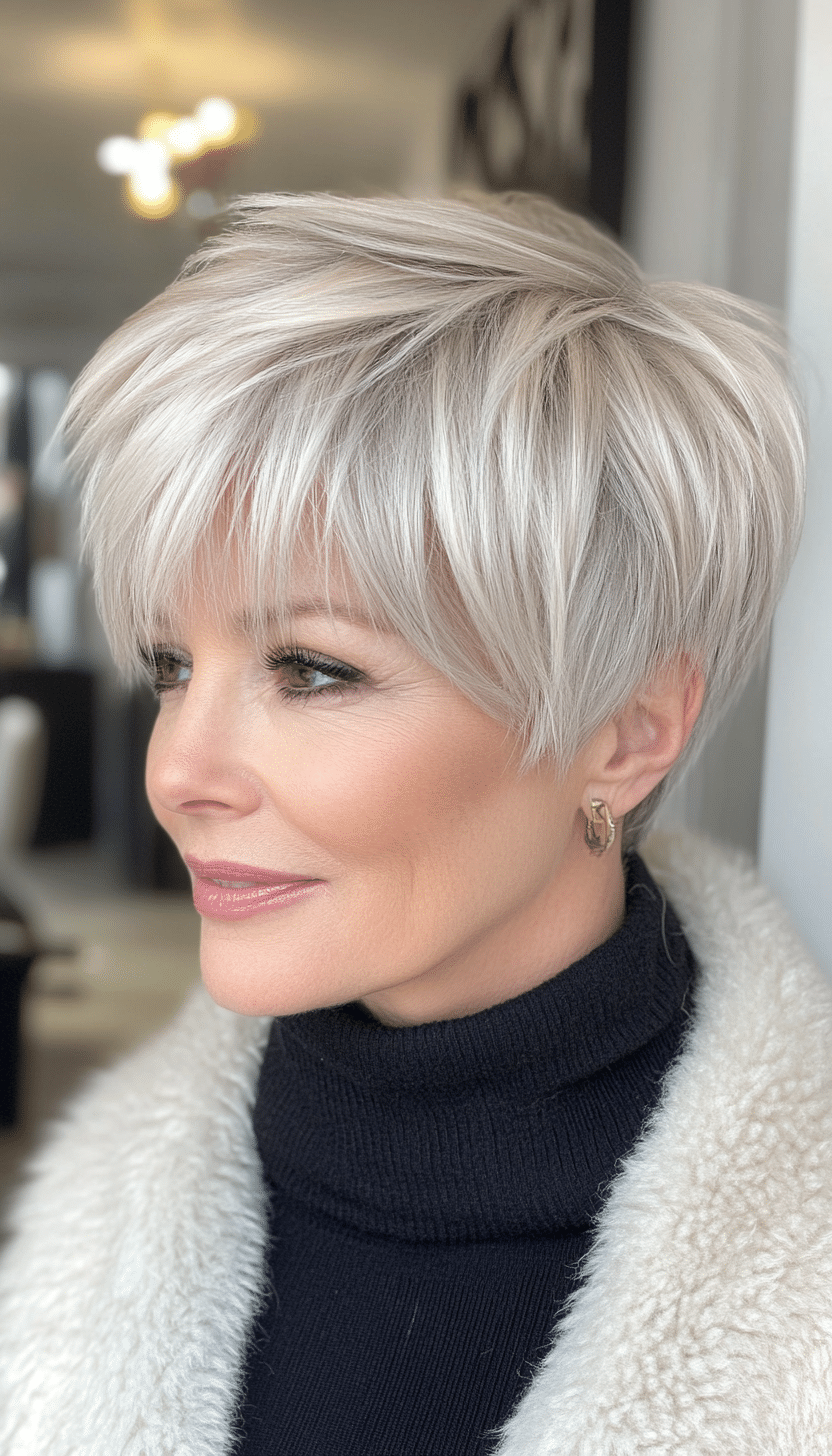 9. Layered Crop in Silver Blonde (Short Feathered Haircuts For Older Woman) - Short Feathered Haircuts For Older Woman