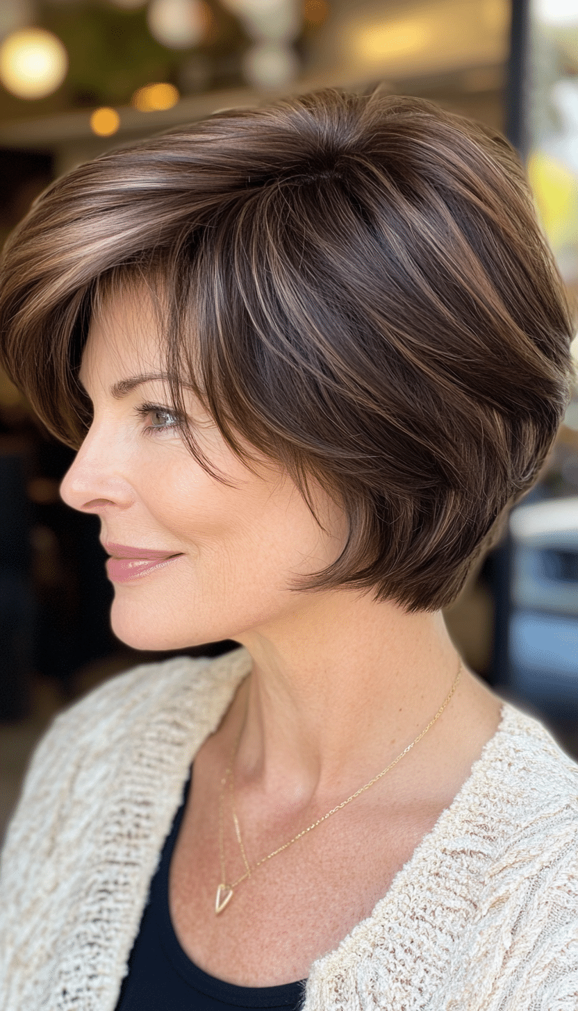 10. Stacked Bob with Feathered Ends in Espresso Brown (Short Feathered Haircuts For Older Woman) - Short Feathered Haircuts For Older Woman