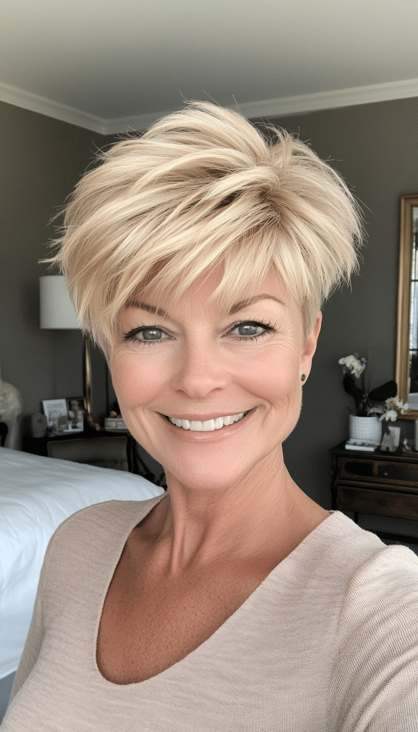 11. Cropped Feathered Pixie in Golden Blonde (Short Feathered Haircuts For Older Woman) - Short Feathered Haircuts For Older Woman