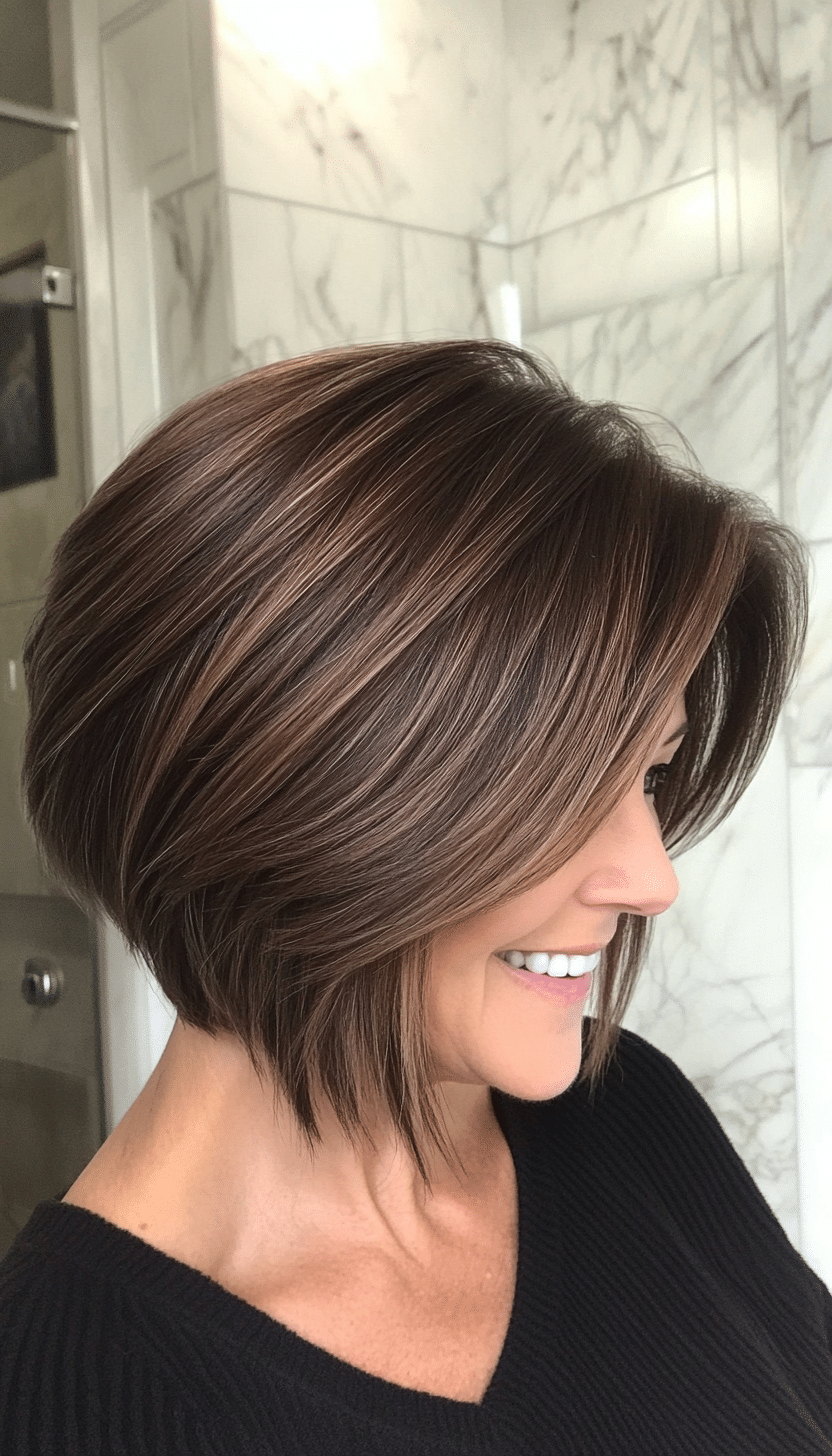 12. Angled Feathered Bob in Mocha Brown (Short Feathered Haircuts For Older Woman) - Short Feathered Haircuts For Older Woman