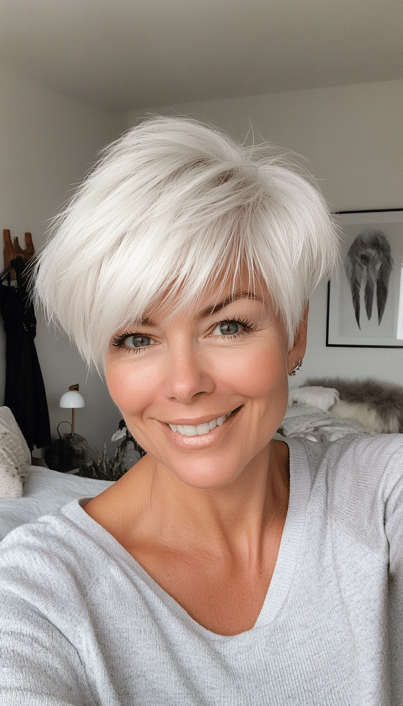 13. Feathered Boy Cut in Soft White (Short Feathered Haircuts For Older Woman) - Short Feathered Haircuts For Older Woman